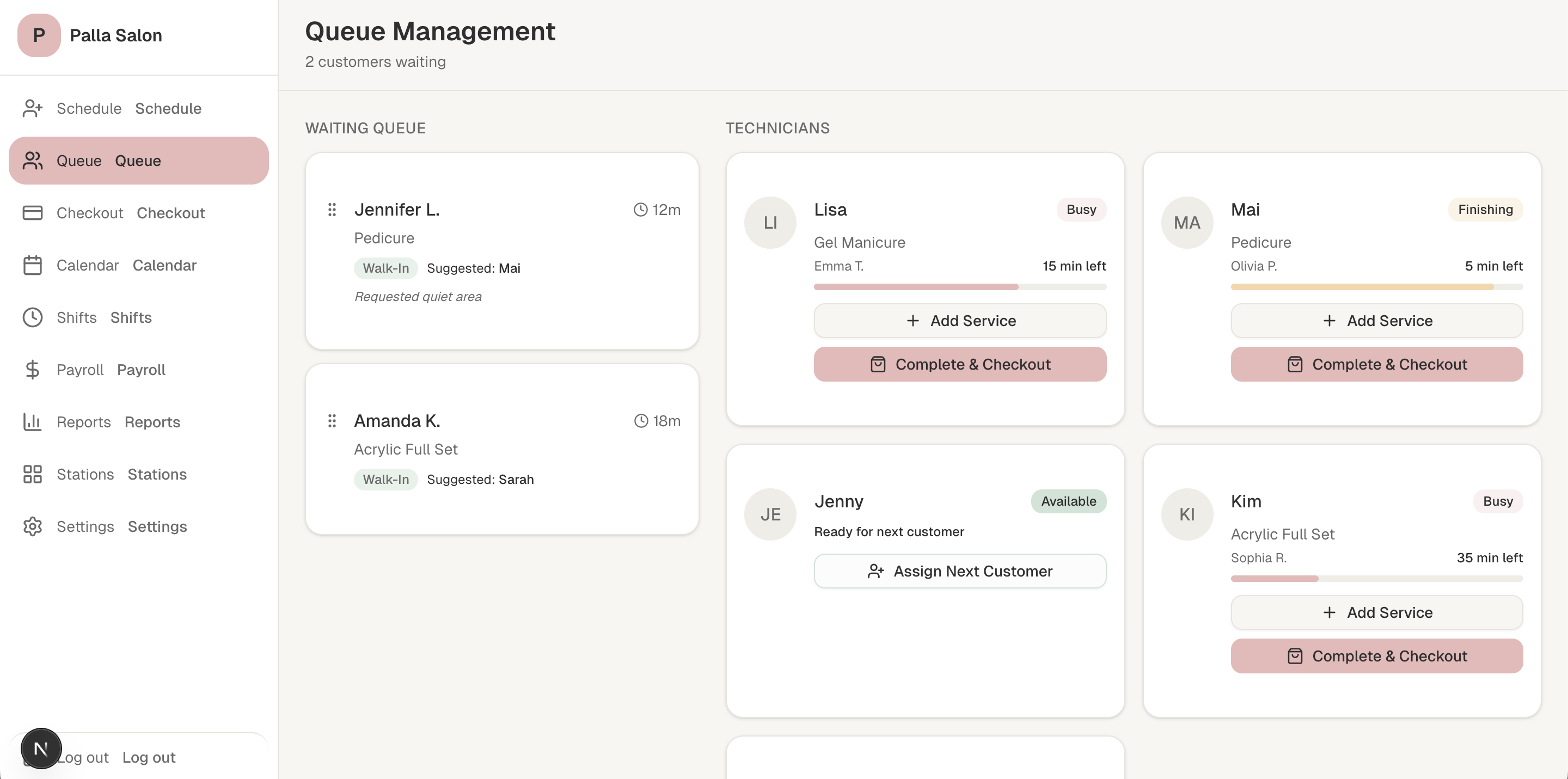 Palla POS queue management screen showing waiting customers and technician status