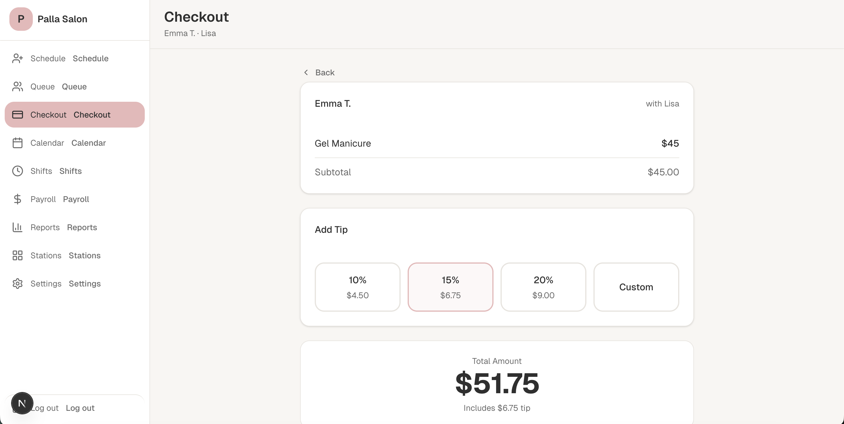 Palla POS checkout screen showing service summary, tip selection, and total