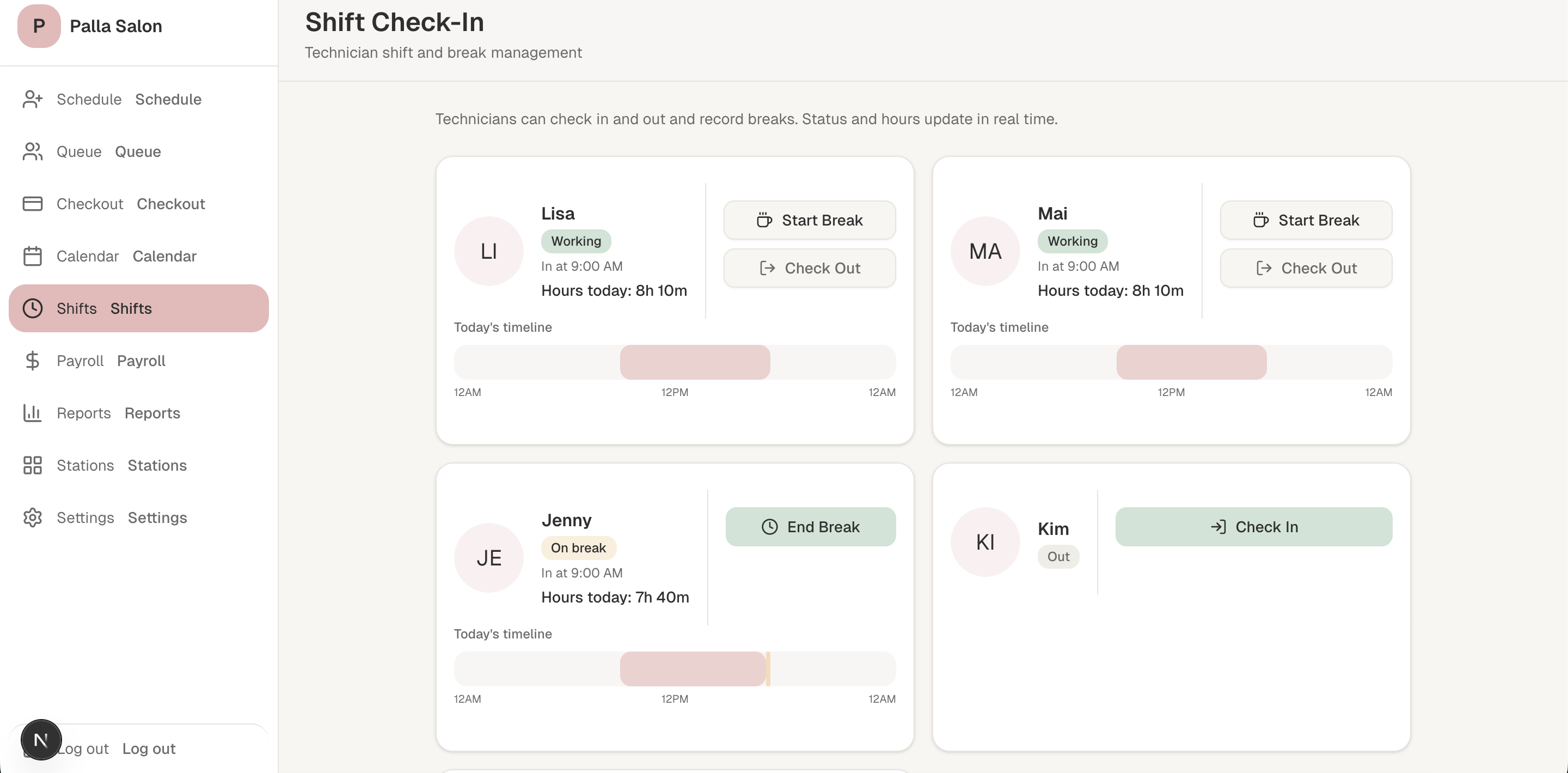 Palla POS shift screen showing technician work status and break controls