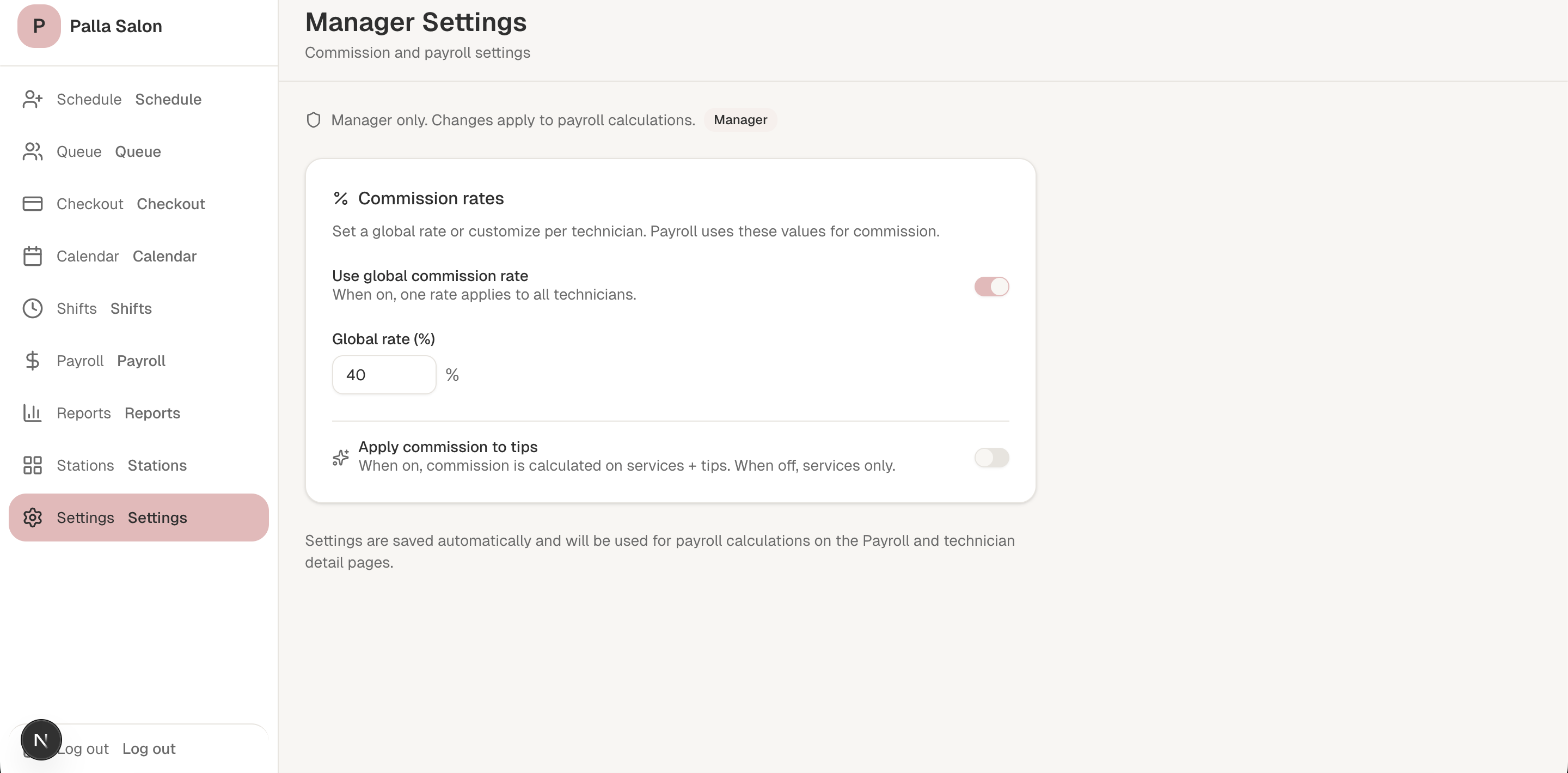 Palla POS settings screen showing commission rate controls and payroll options