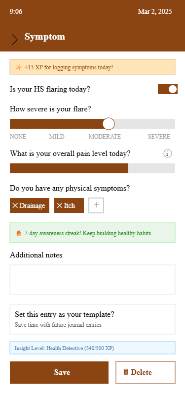 Log flow wireframe showing step-by-step entry process
